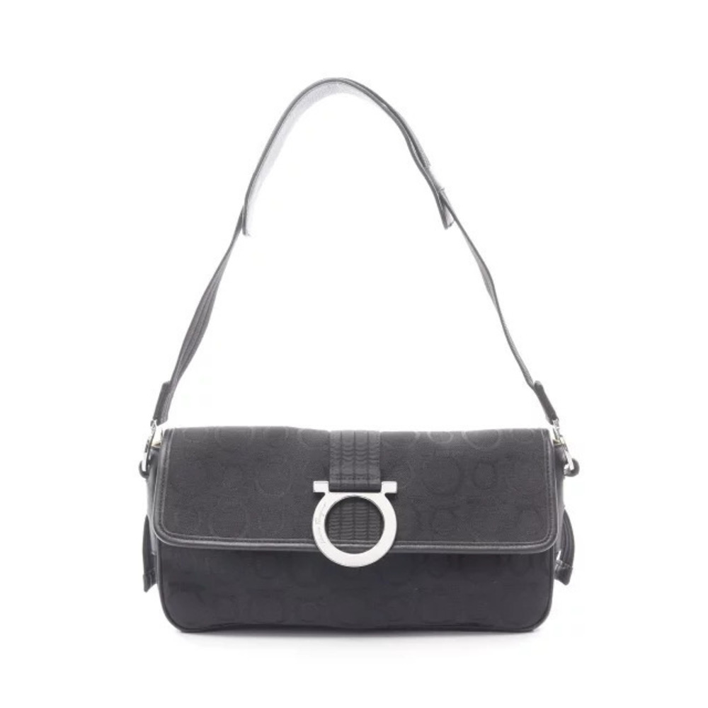 Salvatore Ferragamo Gancini Shoulder Bag Canvas Leather Black
